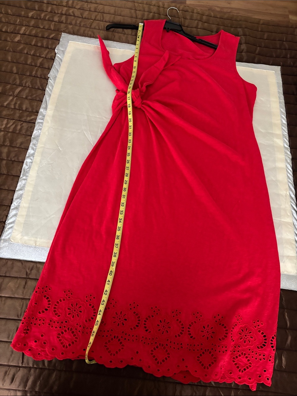 Talbots Red Sleeveless Tie-Accent Midi Dress with Eyelet Hem
